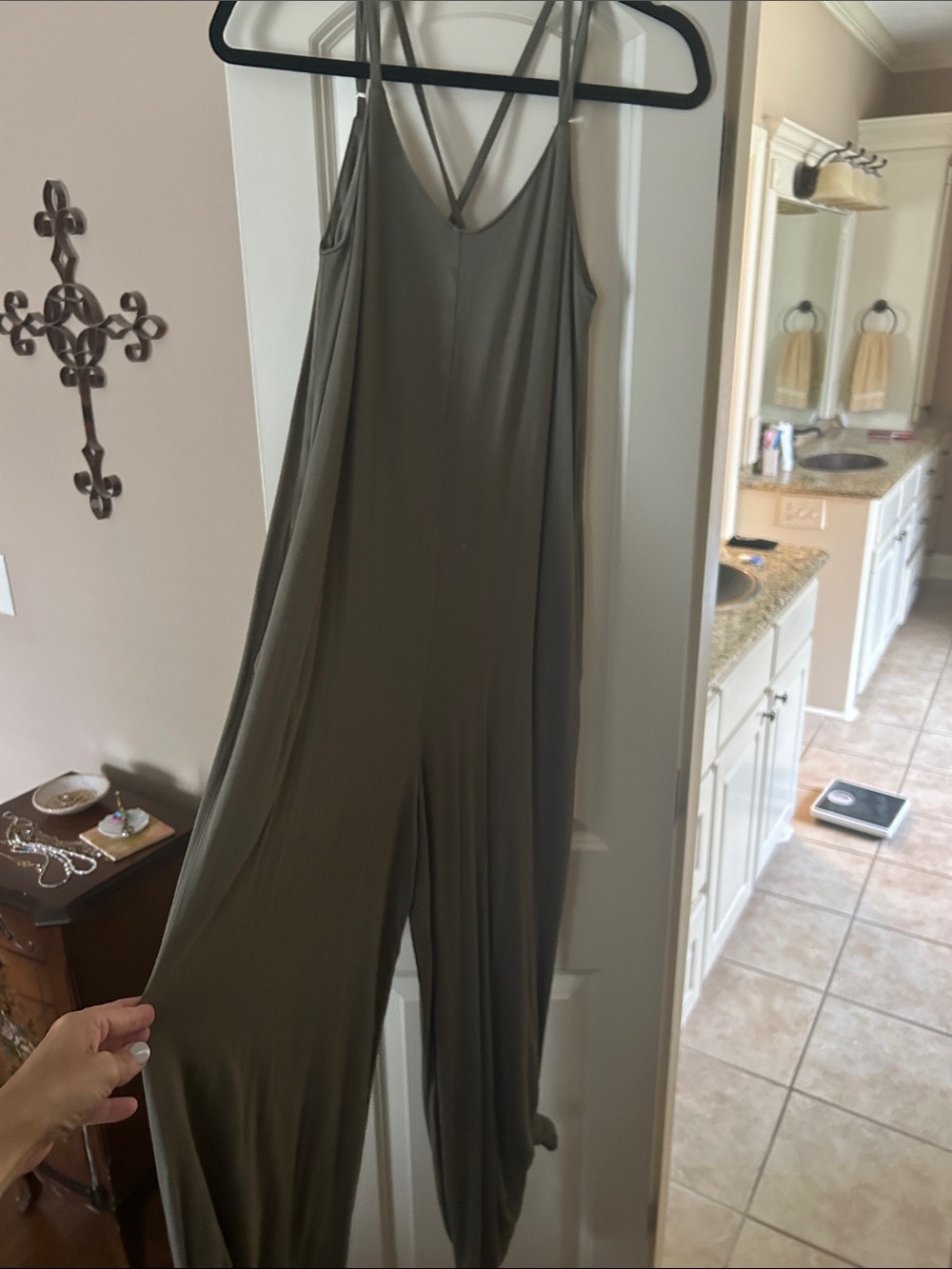 Bluivy Olive Green V-Neck Crisscross Strap Wide-Leg Jumpsuit